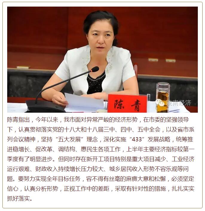 陳青在市政府全體會(huì)議上強(qiáng)調(diào)：緊盯一個(gè)目標(biāo)抓好九大任務(wù)落實(shí)強(qiáng)化三項(xiàng)保障，確保全市經(jīng)濟(jì)社會(huì)持續(xù)快速發(fā)展